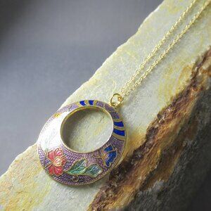 Lavender Lotus Pendant, Cloisonne Necklace Chinoiserie